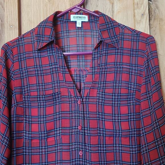 Express Portifino Sheer Long Sleeve Button Down Shirt Small Red & Black Plaid - Picture 2 of 8